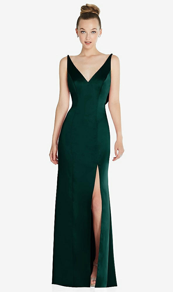 Back View - Evergreen Draped Cowl-Back Princess Line Dress with Front Slit