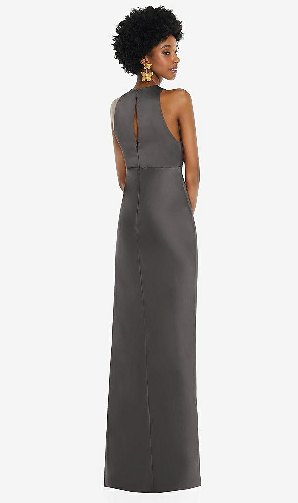 Back View - Caviar Gray Jewel Neck Sleeveless Maxi Dress with Bias Skirt