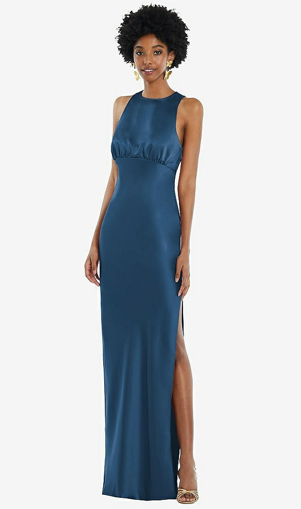 Front View - Dusk Blue Jewel Neck Sleeveless Maxi Dress with Bias Skirt