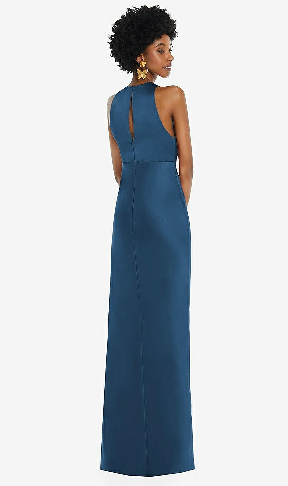 Back View - Dusk Blue Jewel Neck Sleeveless Maxi Dress with Bias Skirt