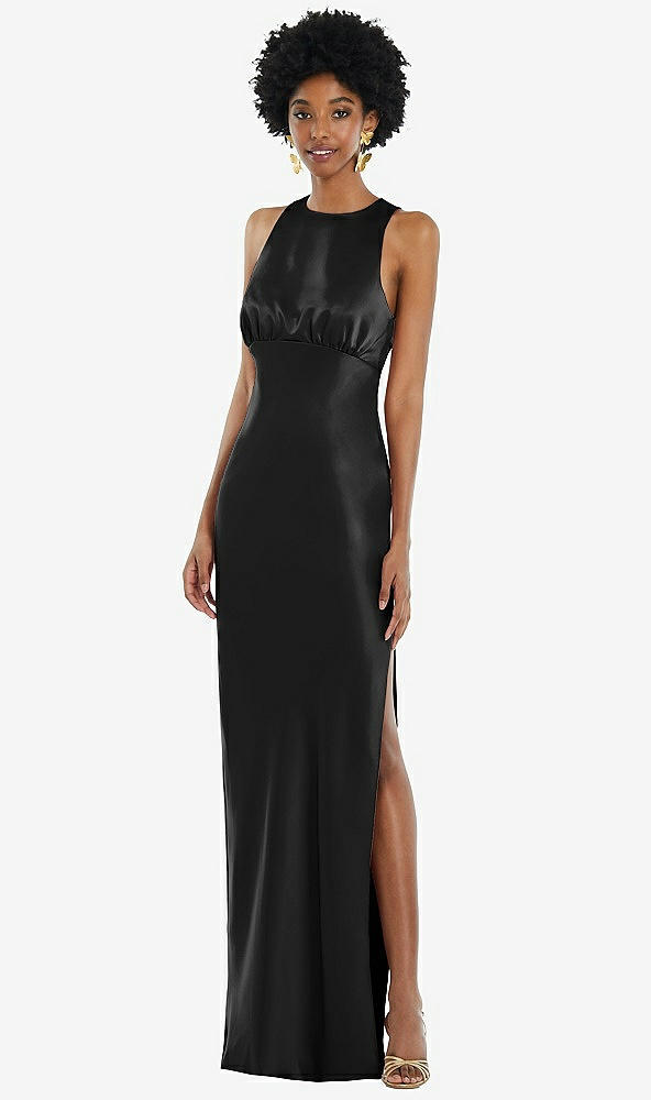 Front View - Black Jewel Neck Sleeveless Maxi Dress with Bias Skirt