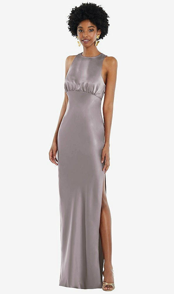 Front View - Cashmere Gray Jewel Neck Sleeveless Maxi Dress with Bias Skirt