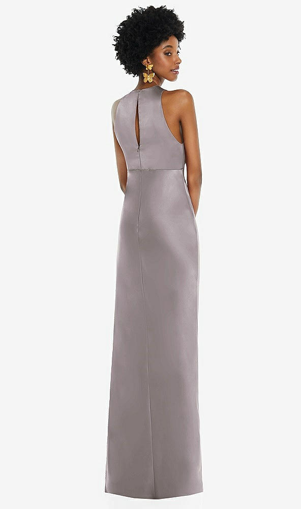 Back View - Cashmere Gray Jewel Neck Sleeveless Maxi Dress with Bias Skirt