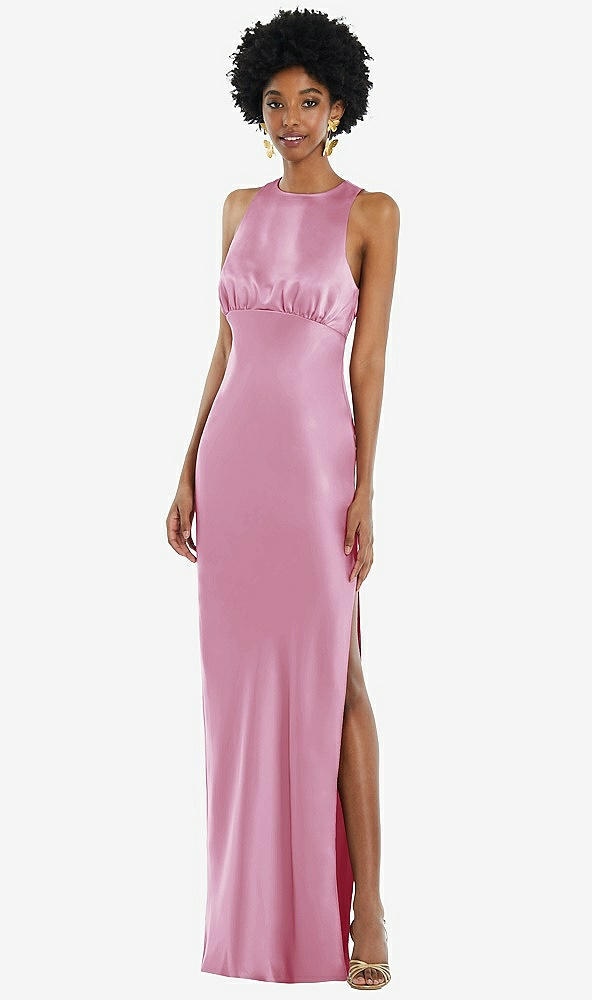 Front View - Powder Pink Jewel Neck Sleeveless Maxi Dress with Bias Skirt