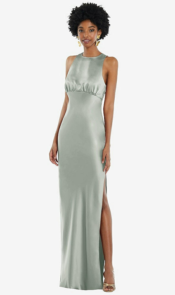 Front View - Willow Green Jewel Neck Sleeveless Maxi Dress with Bias Skirt