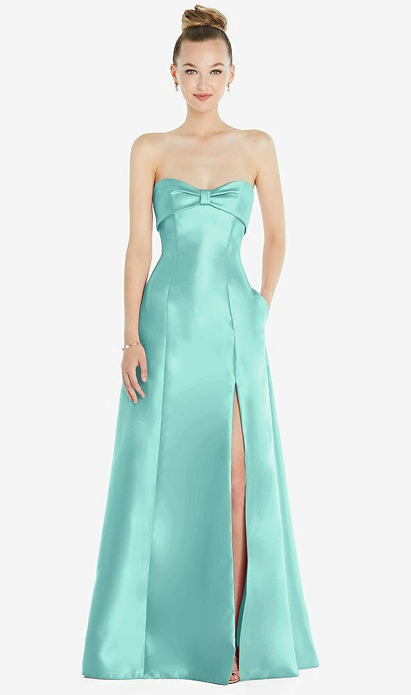 Front View - Coastal Bow Cuff Strapless Satin Ball Gown with Pockets