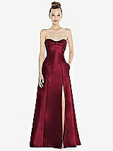 Front View Thumbnail - Burgundy Bow Cuff Strapless Satin Ball Gown with Pockets