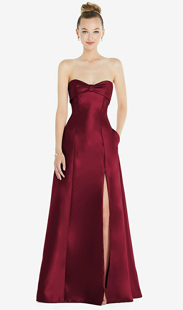 Front View - Burgundy Bow Cuff Strapless Satin Ball Gown with Pockets
