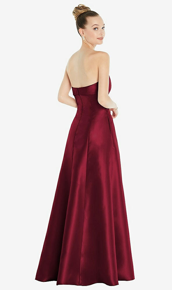 Back View - Burgundy Bow Cuff Strapless Satin Ball Gown with Pockets
