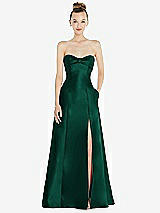 Front View Thumbnail - Hunter Green Bow Cuff Strapless Satin Ball Gown with Pockets