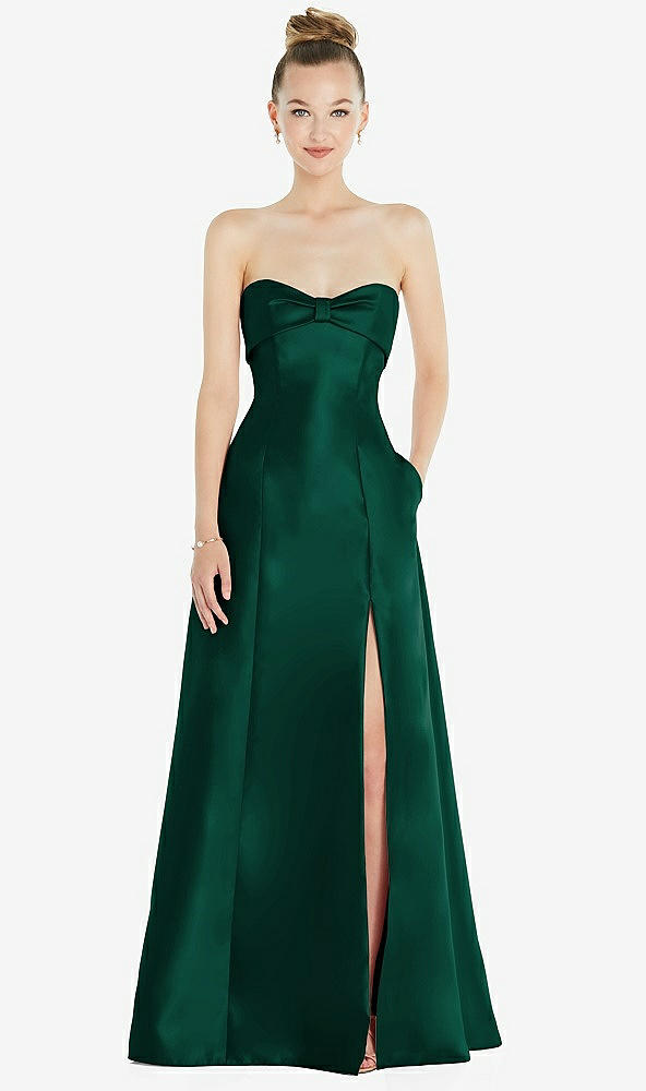 Front View - Hunter Green Bow Cuff Strapless Satin Ball Gown with Pockets