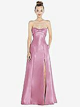 Front View Thumbnail - Powder Pink Bow Cuff Strapless Satin Ball Gown with Pockets