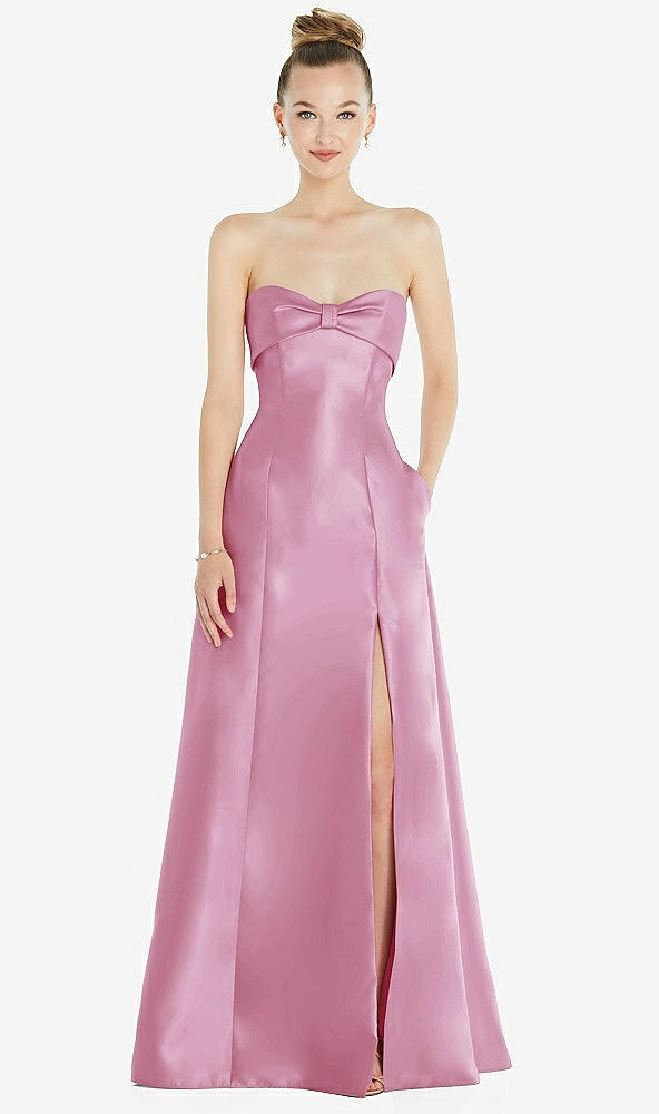 Front View - Powder Pink Bow Cuff Strapless Satin Ball Gown with Pockets