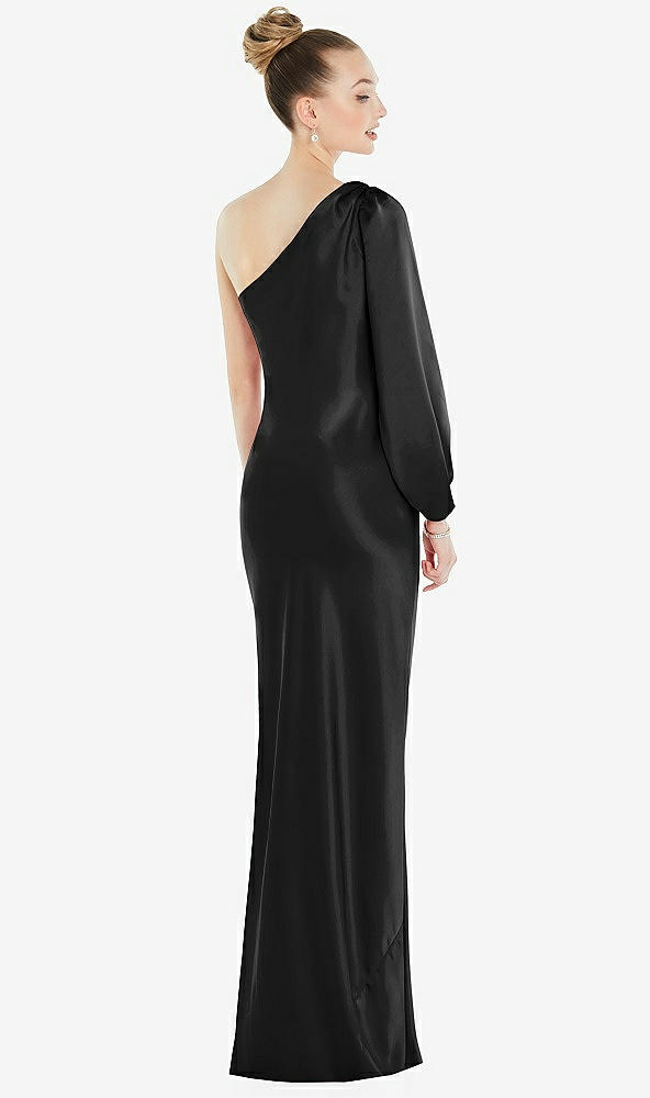 Back View - Black One-Shoulder Puff Sleeve Maxi Bias Dress with Side Slit