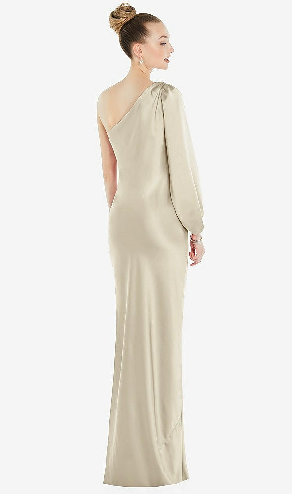 Back View - Champagne One-Shoulder Puff Sleeve Maxi Bias Dress with Side Slit
