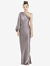 Front View Thumbnail - Cashmere Gray One-Shoulder Puff Sleeve Maxi Bias Dress with Side Slit