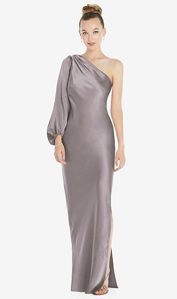 Front View - Cashmere Gray One-Shoulder Puff Sleeve Maxi Bias Dress with Side Slit