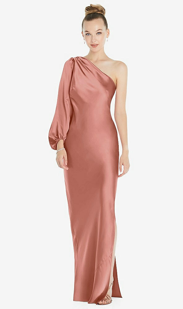 Front View - Desert Rose One-Shoulder Puff Sleeve Maxi Bias Dress with Side Slit