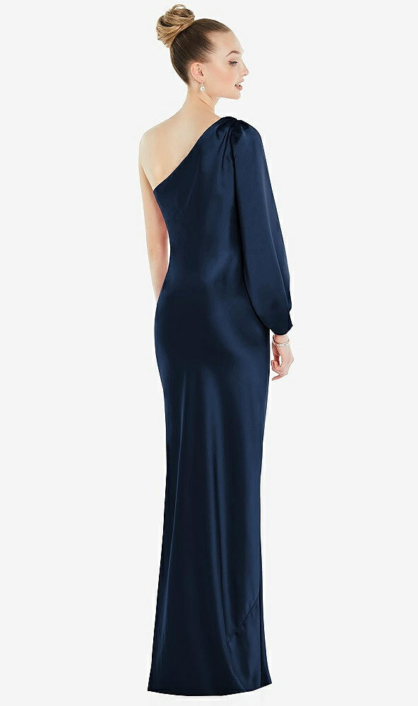 Back View - Midnight Navy One-Shoulder Puff Sleeve Maxi Bias Dress with Side Slit