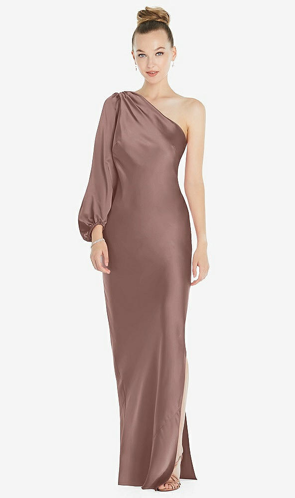 Front View - Sienna One-Shoulder Puff Sleeve Maxi Bias Dress with Side Slit