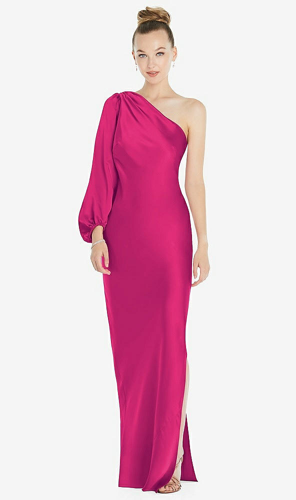 Front View - Think Pink One-Shoulder Puff Sleeve Maxi Bias Dress with Side Slit