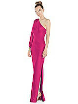 Side View Thumbnail - Think Pink One-Shoulder Puff Sleeve Maxi Bias Dress with Side Slit