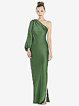 Front View Thumbnail - Vineyard Green One-Shoulder Puff Sleeve Maxi Bias Dress with Side Slit