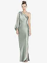 Front View Thumbnail - Willow Green One-Shoulder Puff Sleeve Maxi Bias Dress with Side Slit