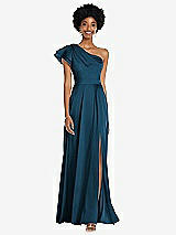 Front View Thumbnail - Atlantic Blue Draped One-Shoulder Flutter Sleeve Maxi Dress with Front Slit