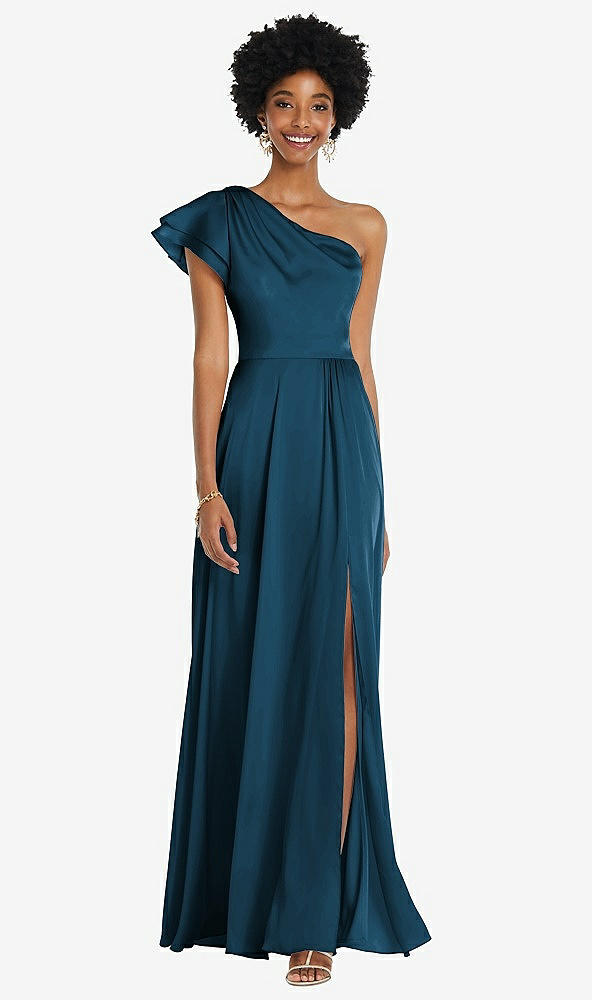 Front View - Atlantic Blue Draped One-Shoulder Flutter Sleeve Maxi Dress with Front Slit