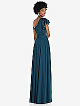 Rear View Thumbnail - Atlantic Blue Draped One-Shoulder Flutter Sleeve Maxi Dress with Front Slit