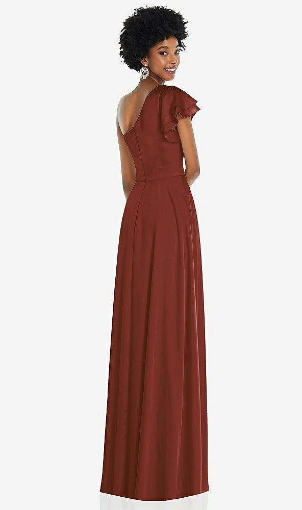 Back View - Auburn Moon Draped One-Shoulder Flutter Sleeve Maxi Dress with Front Slit
