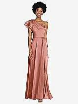 Front View Thumbnail - Desert Rose Draped One-Shoulder Flutter Sleeve Maxi Dress with Front Slit