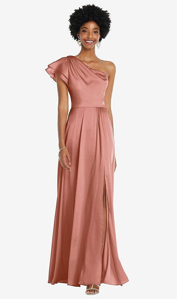 Front View - Desert Rose Draped One-Shoulder Flutter Sleeve Maxi Dress with Front Slit