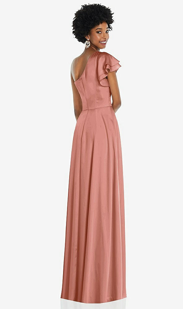 Back View - Desert Rose Draped One-Shoulder Flutter Sleeve Maxi Dress with Front Slit