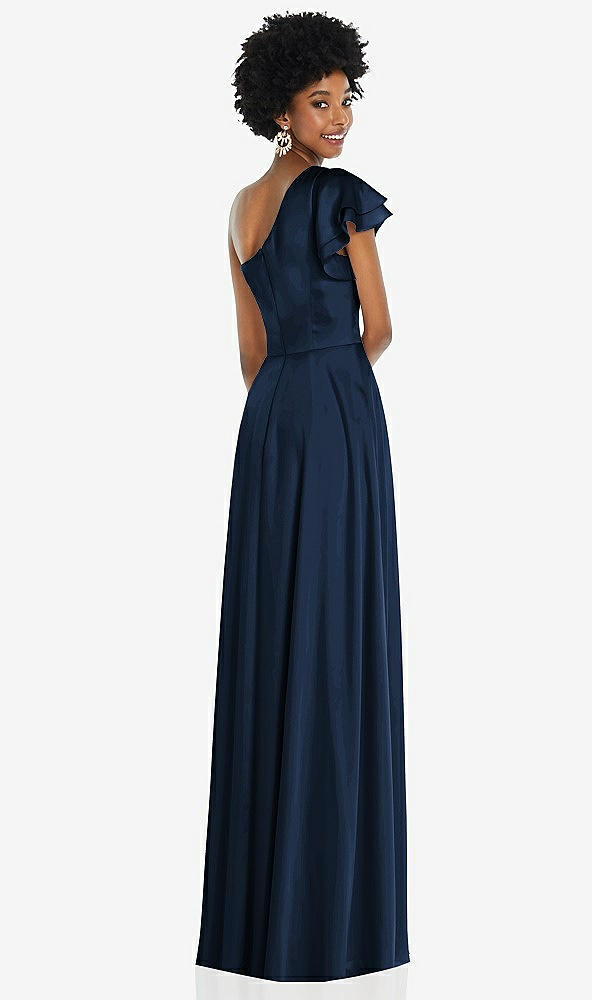 Back View - Midnight Navy Draped One-Shoulder Flutter Sleeve Maxi Dress with Front Slit
