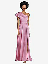 Front View Thumbnail - Powder Pink Draped One-Shoulder Flutter Sleeve Maxi Dress with Front Slit