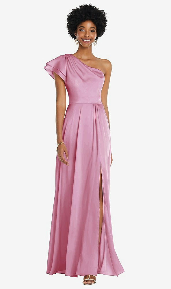 Front View - Powder Pink Draped One-Shoulder Flutter Sleeve Maxi Dress with Front Slit