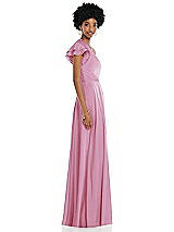 Side View Thumbnail - Powder Pink Draped One-Shoulder Flutter Sleeve Maxi Dress with Front Slit