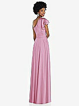 Rear View Thumbnail - Powder Pink Draped One-Shoulder Flutter Sleeve Maxi Dress with Front Slit
