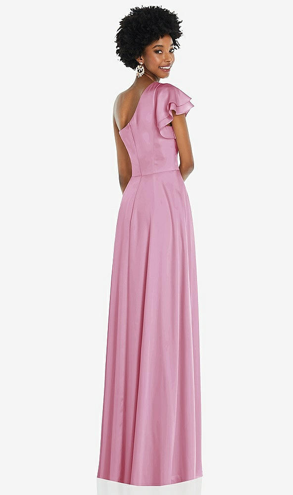 Back View - Powder Pink Draped One-Shoulder Flutter Sleeve Maxi Dress with Front Slit