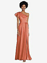 Front View Thumbnail - Terracotta Copper Draped One-Shoulder Flutter Sleeve Maxi Dress with Front Slit