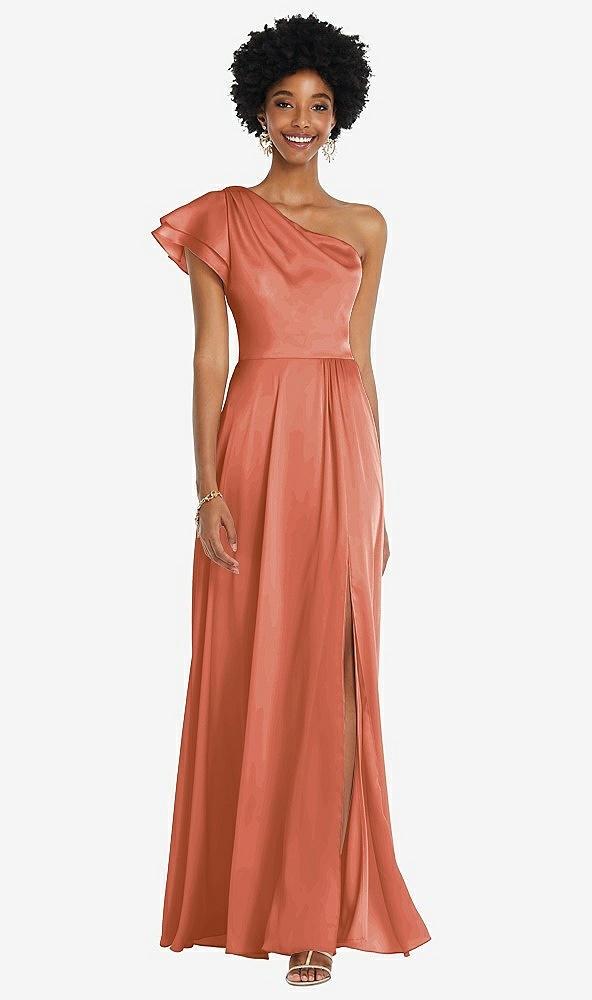 Front View - Terracotta Copper Draped One-Shoulder Flutter Sleeve Maxi Dress with Front Slit
