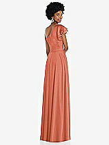 Rear View Thumbnail - Terracotta Copper Draped One-Shoulder Flutter Sleeve Maxi Dress with Front Slit