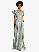 Front View Thumbnail - Willow Green Draped One-Shoulder Flutter Sleeve Maxi Dress with Front Slit