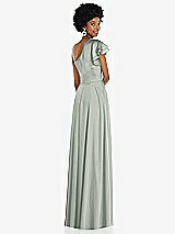 Rear View Thumbnail - Willow Green Draped One-Shoulder Flutter Sleeve Maxi Dress with Front Slit