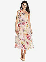 Front View Thumbnail - Penelope Floral Print Scarf-Tie One-Shoulder Pink Floral Organdy Midi Dress 