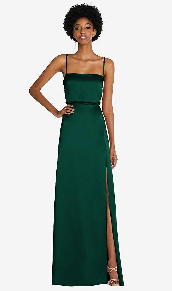 Front View - Hunter Green Low Tie-Back Maxi Dress with Adjustable Skinny Straps