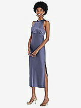 Front View Thumbnail - French Blue Jewel Neck Sleeveless Midi Dress with Bias Skirt