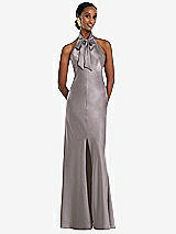 Front View Thumbnail - Cashmere Gray Scarf Tie Stand Collar Maxi Dress with Front Slit